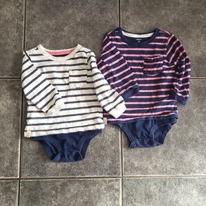 Lot Of 2 Carter's Cotton Long Sleeved Striped Pocket Ts w Attached Bodysuits